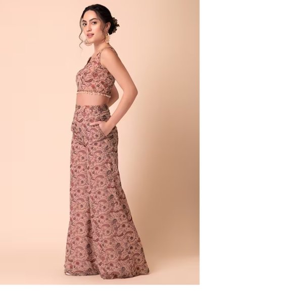 Pastel Pink Printed Asymmetric Hem Jacket With Top And Pants (Set of 3) - Picture 6 of 7